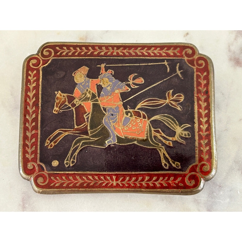 Vintage Brass Enamel Polo Horseback Scene Belt Buckle Made in India 3.75in